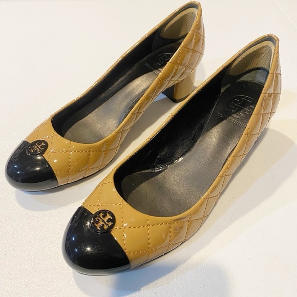 TORY BURCH Kaitlin Camel Quilted Patent Leather Pumps